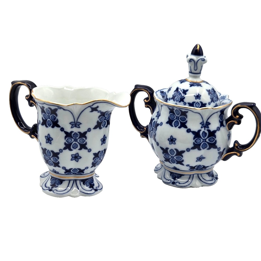 Bombay Sommerhill ‎ Porcelain  Sugar Bowl with Lid And Creamer Cobalt Blue White